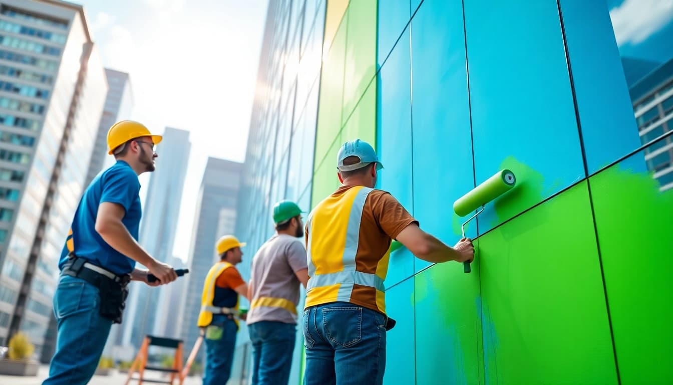 Showcasing commercial painting with a team at work on a vibrant office building exterior.