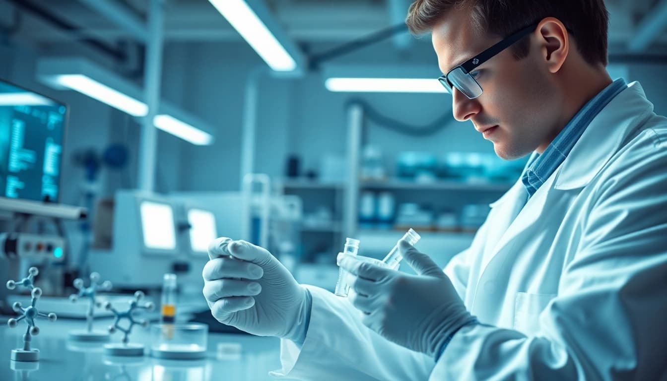 Research peptides analyzed by a scientist in a modern laboratory setting.