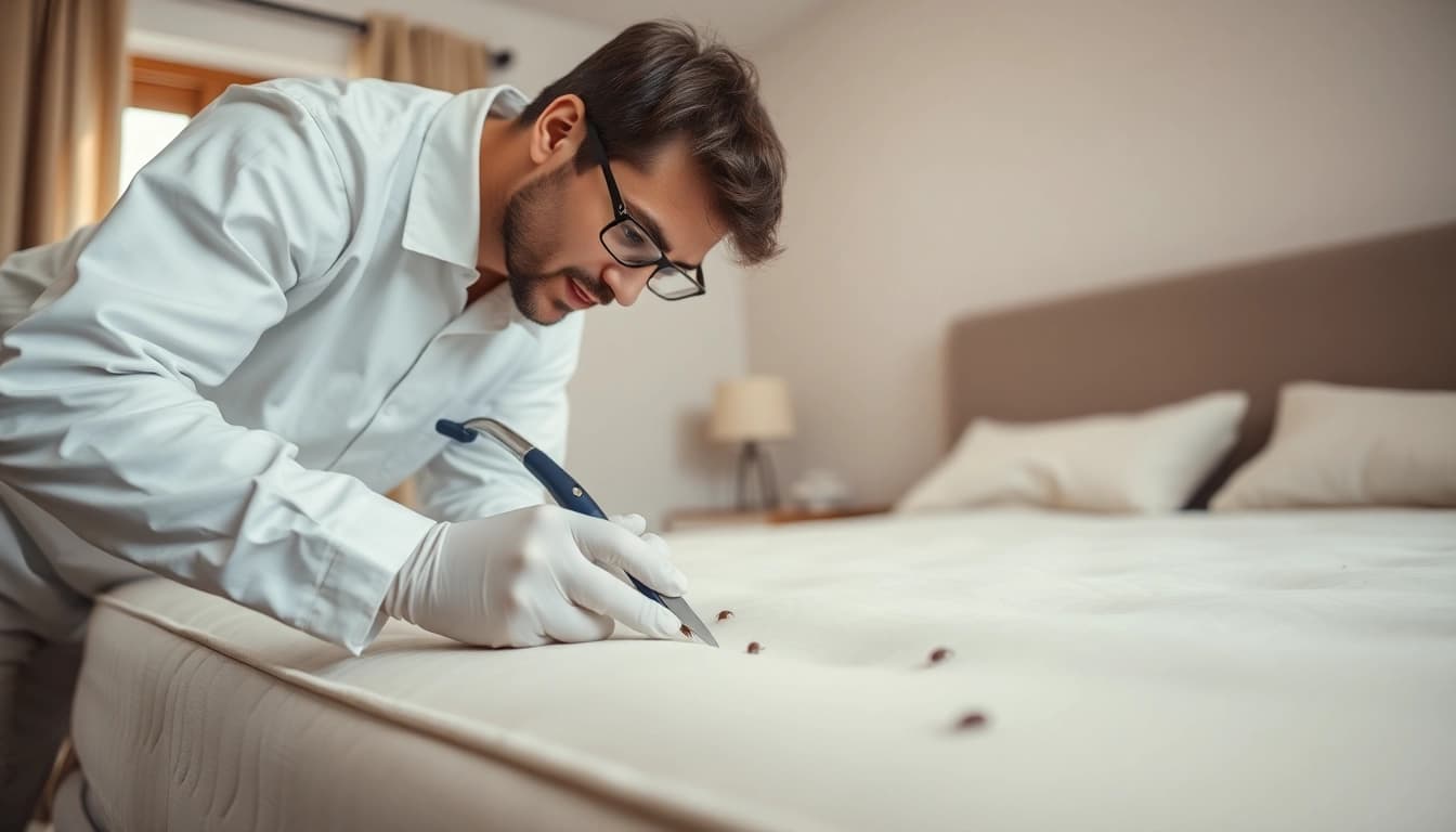 Efficient bed bug removal process by a pest control technician in a clean bedroom.