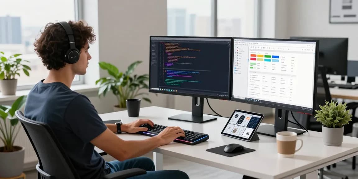 Developer coding at a modern workspace with multiple monitors and a city view, featuring https://www.bdtjl.app/ for tech insights.