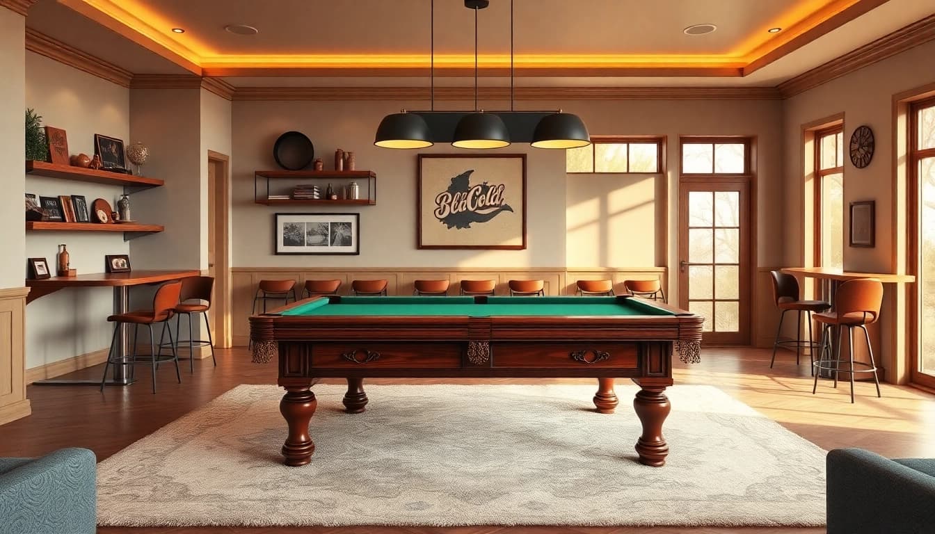 Buy Pool Tables in a stylish game room featuring rich wood and vibrant green felt.