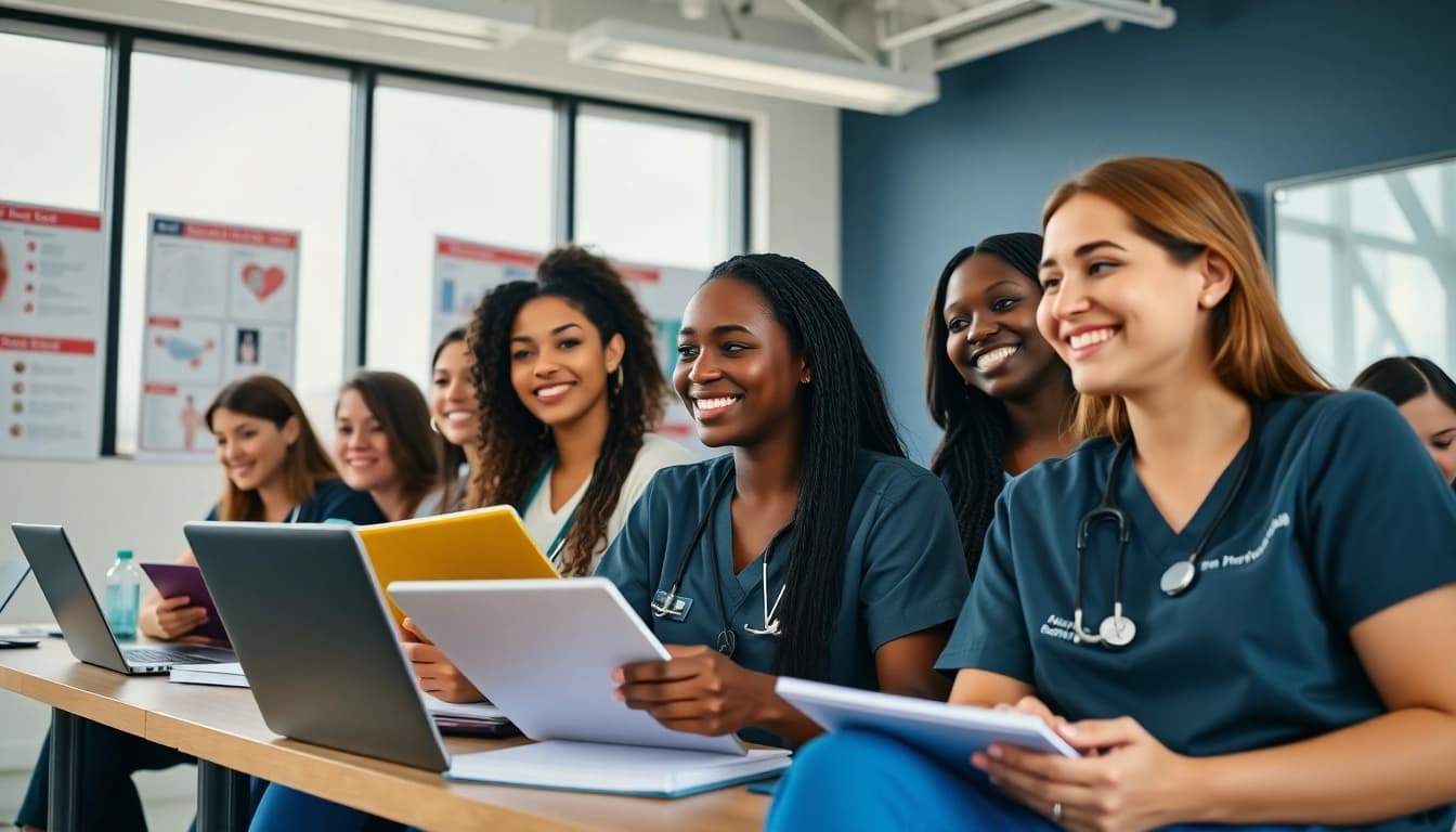 Engaged nursing students collaborating at the Houston Trusted NCLEX review center.