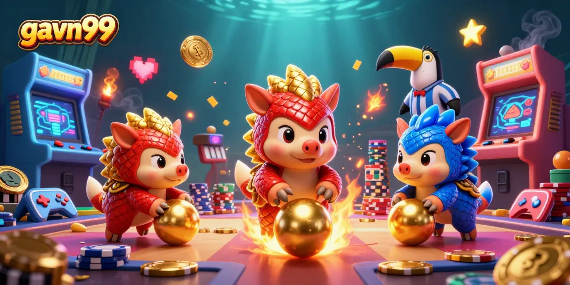 Experience the excitement of gavn99 with engaging pangolin characters rolling poker chips in a dazzling casino scene.