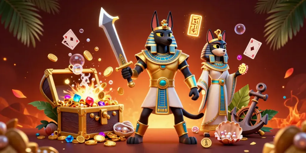Engage with bujangtoto's vibrant scene featuring Anubis and treasure in a casino-themed adventure.