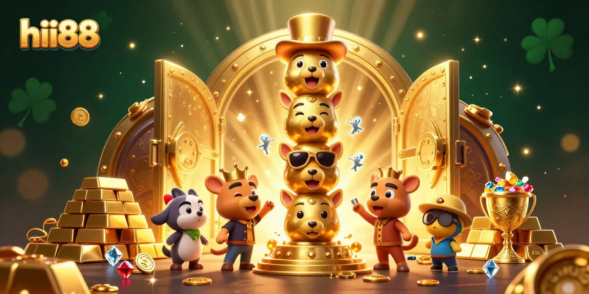 Engage with hii88's vibrant online casino universe, showcasing 3D cartoon characters and golden treasures.