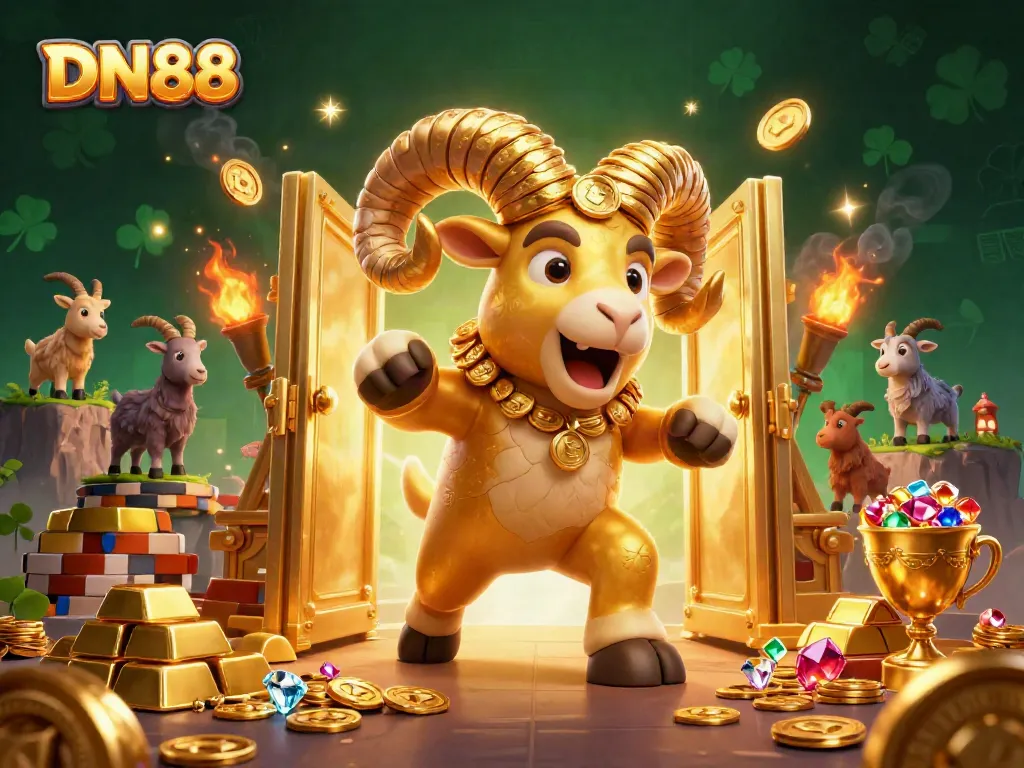 Experience the excitement of DN88 with a vibrant 3D scene featuring winning casino themes and golden treasures.