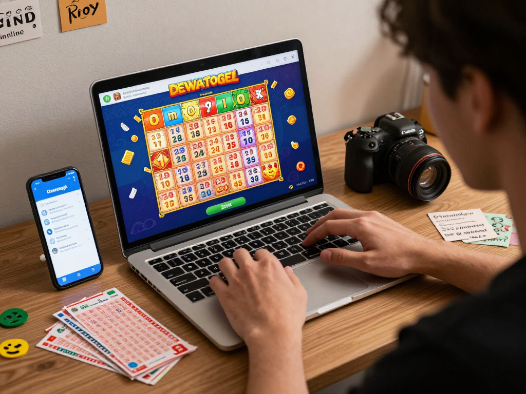Dewatogel user selecting lottery numbers on a laptop in an inviting gaming atmosphere.