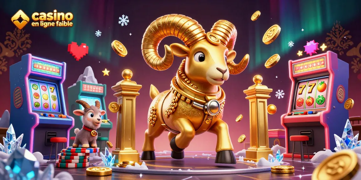 Illustration dynamique sur le thème du casino en ligne fiable avec un bélier doré et des machines à sous.