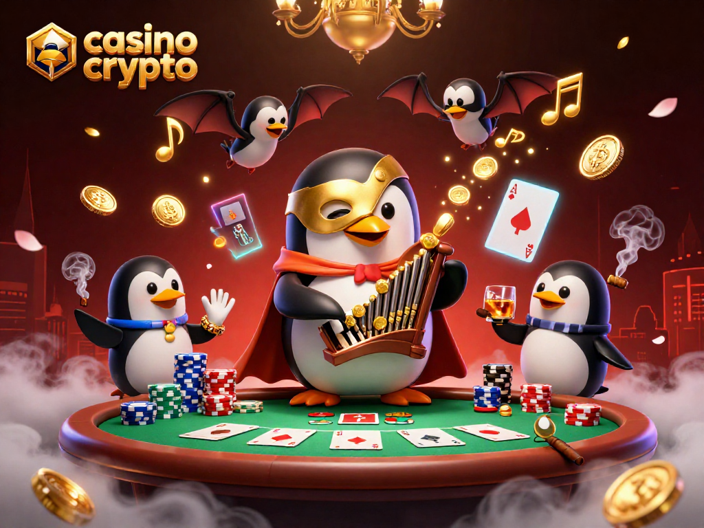 Le casino crypto met en avant un pingouin mystérieux jouant avec des pièces d'or.