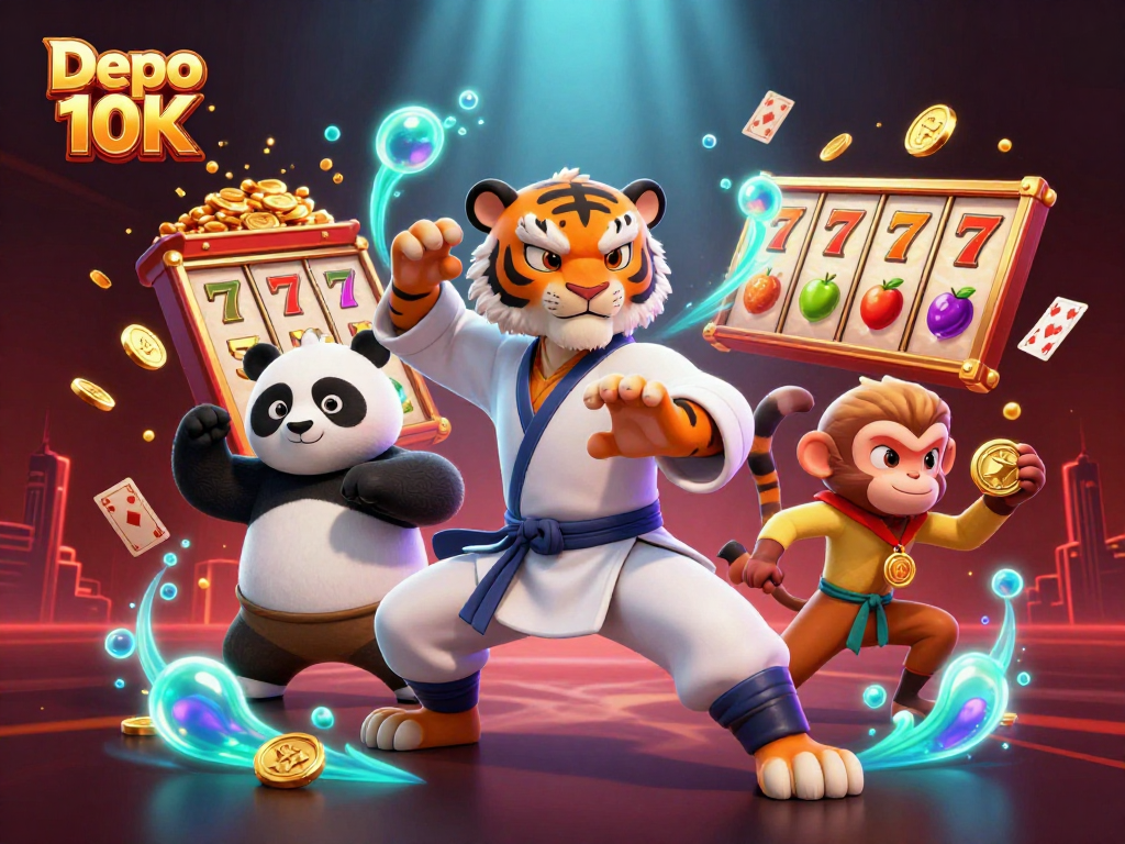 Experience the thrilling gameplay and excitement of Depo 10K with vibrant slot reels and golden wins.