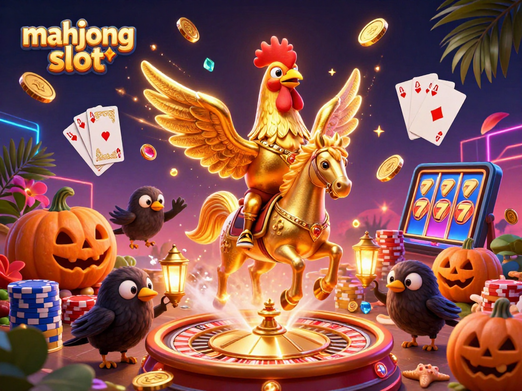 Experience the thrill of mahjong slot with a vibrant casino scene featuring a golden rooster and crow companions.