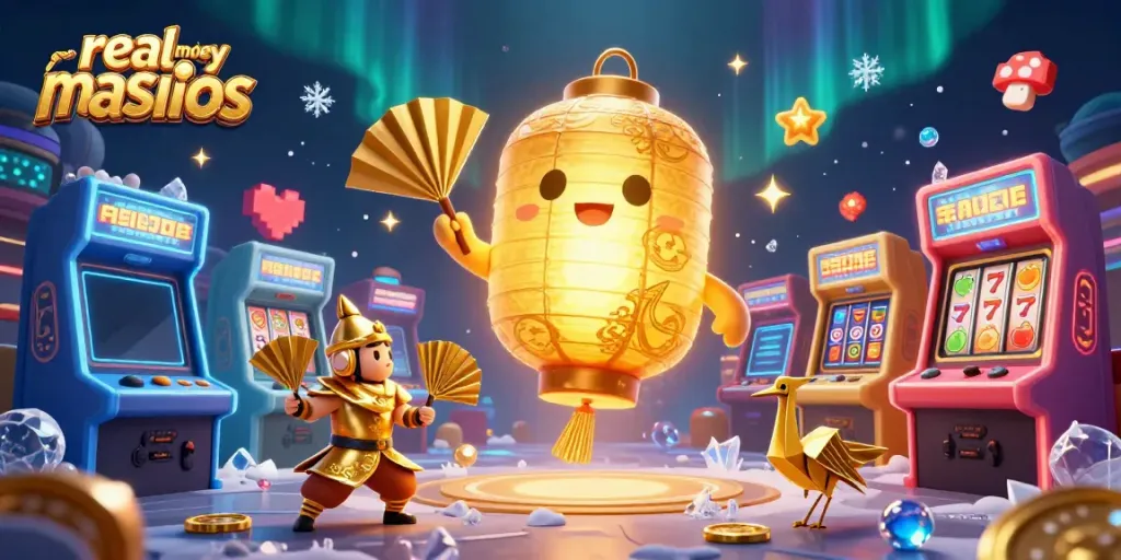 Experience the excitement of real money casinos with a vibrant night market casino scene featuring a golden lantern spirit and arcade elements.