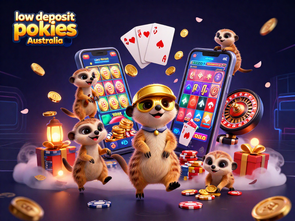 Experience thrilling low deposit pokies Australia with playful meerkats running a vibrant casino.
