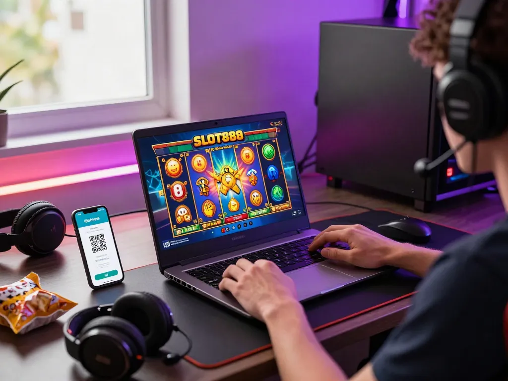 Engaging gaming moment with slot resmi on SLOT888, showcasing colorful graphics and QRIS payment integration.