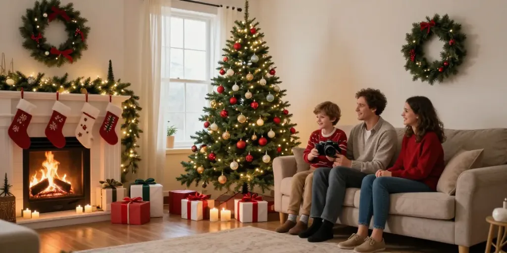 Pencil Christmas tree decorated with lights and ornaments in a cozy living room.