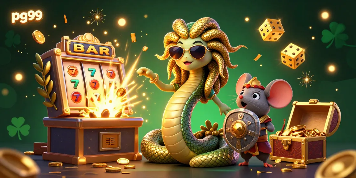 Experience the fun with pg99's Medusa and warrior mouse in an exciting casino scene filled with jackpot symbols.