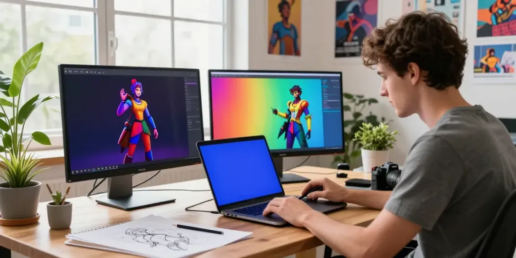 Artist using AI character generator to create imaginative visuals, exploring how safe is typeshutter.com.