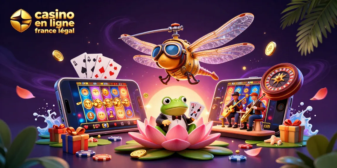 Illustration d'un dragonfly pilote d'hélicoptère et d'un croupier amphibien offrant des jeux de casino en ligne France légal.
