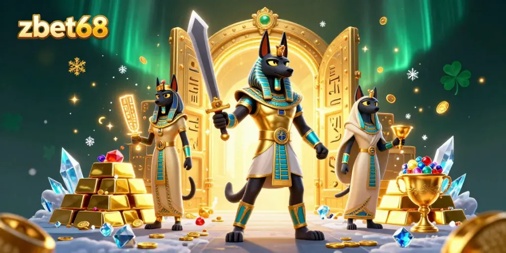 Engage with stunning zbet68 online casino dynamics featuring Anubis and Bastet amidst treasures.