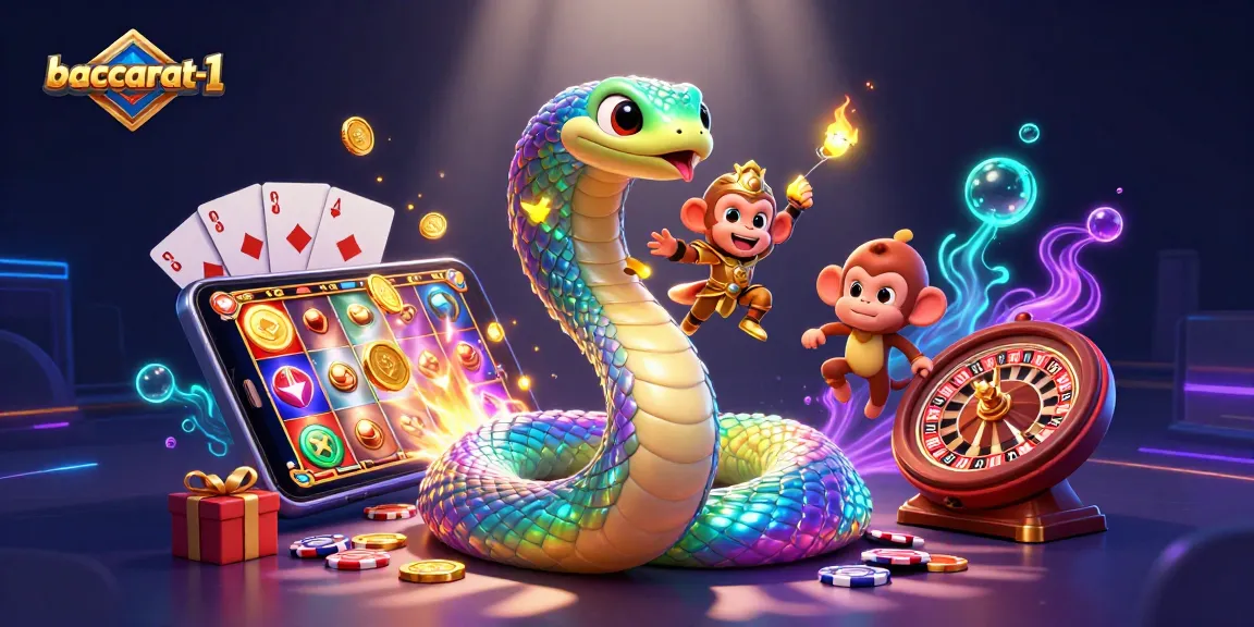 Baccarat-1 game illustration with a rainbow serpent, monkey king, and casino elements creating excitement.