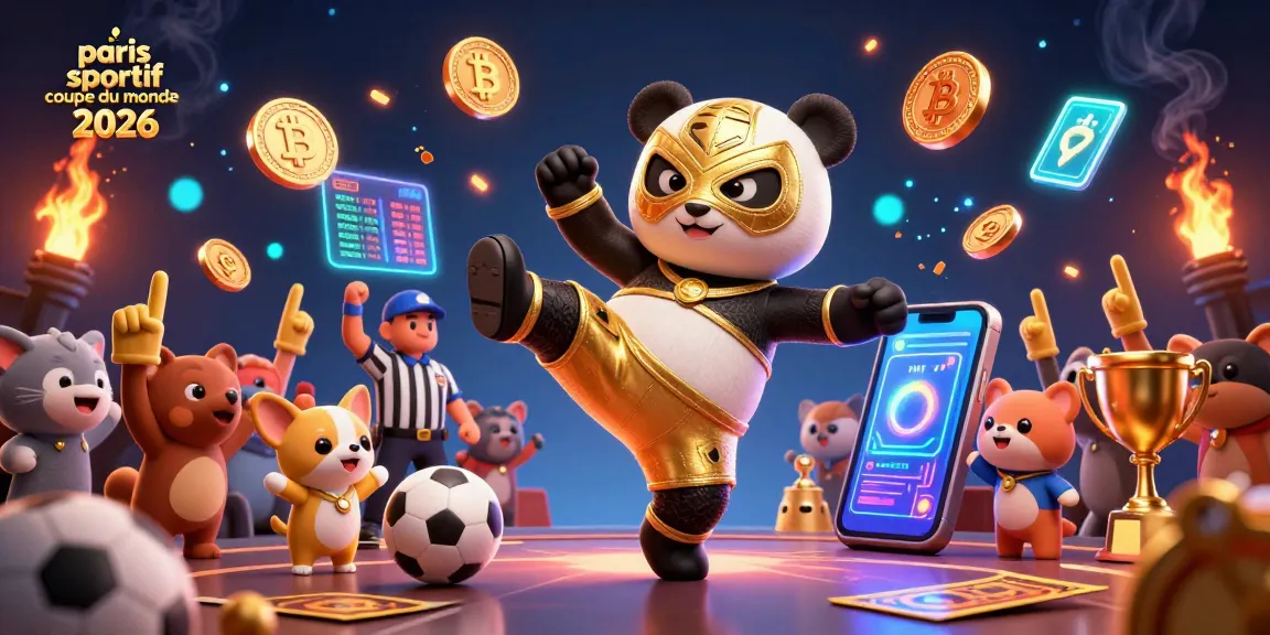 Illustration vivante de paris sportifs pour la Coupe du Monde 2026 avec un panda lutteur et des animaux supporters.