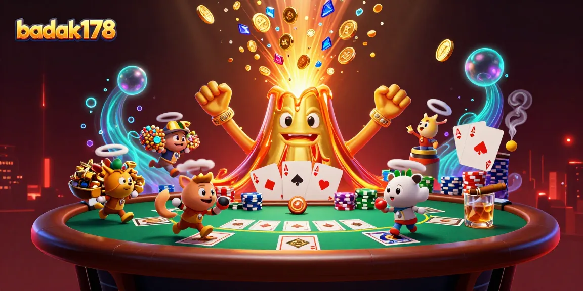 Engage with badak178 in this vibrant scene featuring a golden volcano showering treasures amidst poker elements.