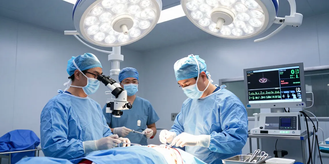 Dar kanal ameliyatı surgery in a modern operating room with a neurosurgeon and surgical team, showcasing advanced techniques.