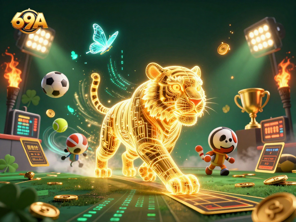 Aposte no 69A com a interação do tigre dourado e elementos esportivos em um cassino digital vibrante.