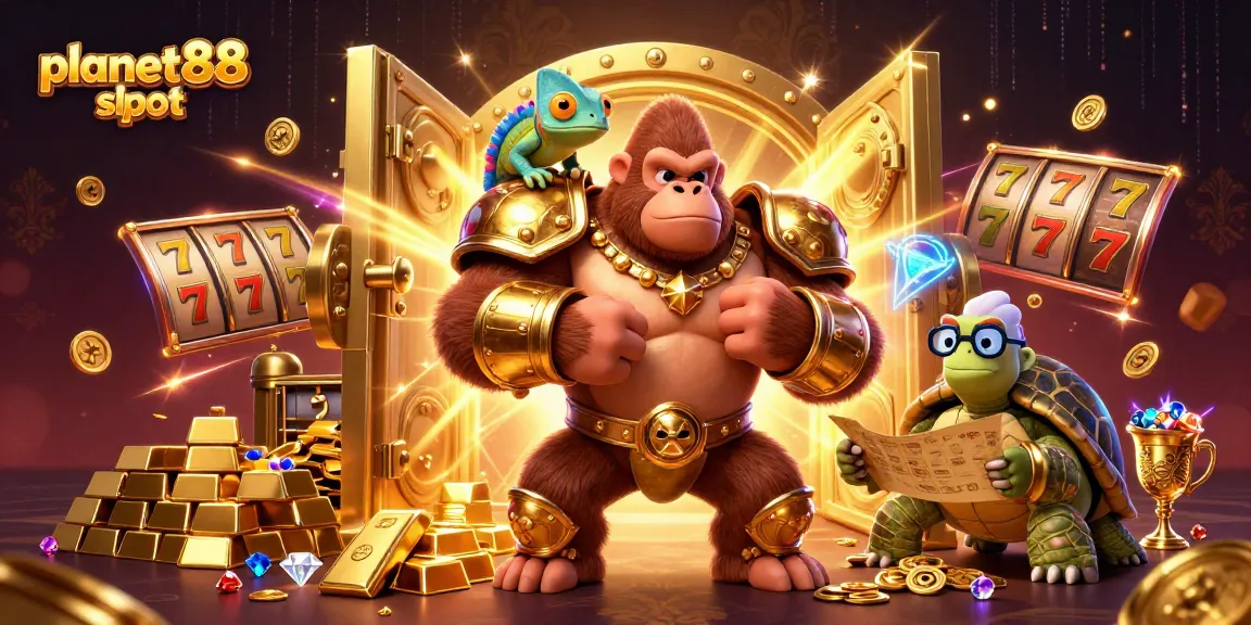 Spin the reels at planet88 slot with vivid characters amid treasures and gaming elements.