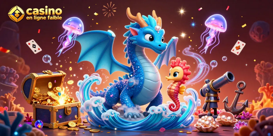 Visualisez un dragon aquatique majestueux et un chevalier hippocampe dans un casino en ligne fiable, entourés de trésors sous-marins.