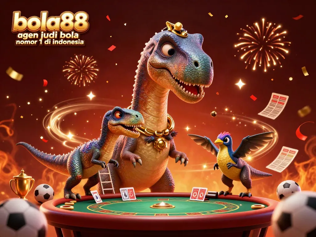 Bola88 agen judi bola nomor 1 di indonesia features a giant brontosaurus with a clever raptor dealing cards in a vibrant casino.