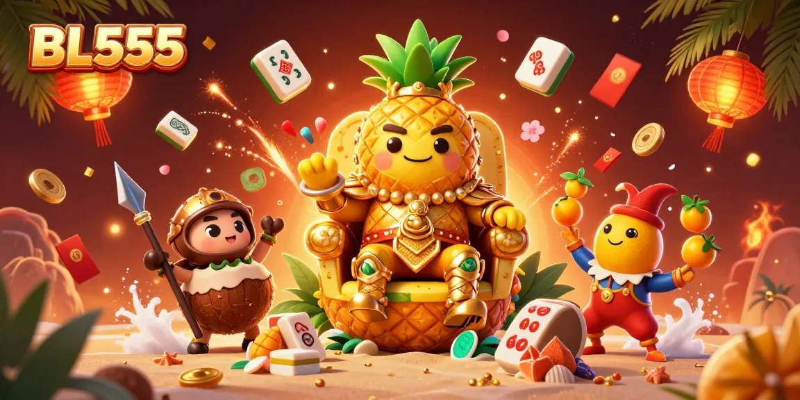 Experience the excitement of BL555 with vibrant casino characters in a tropical scene.