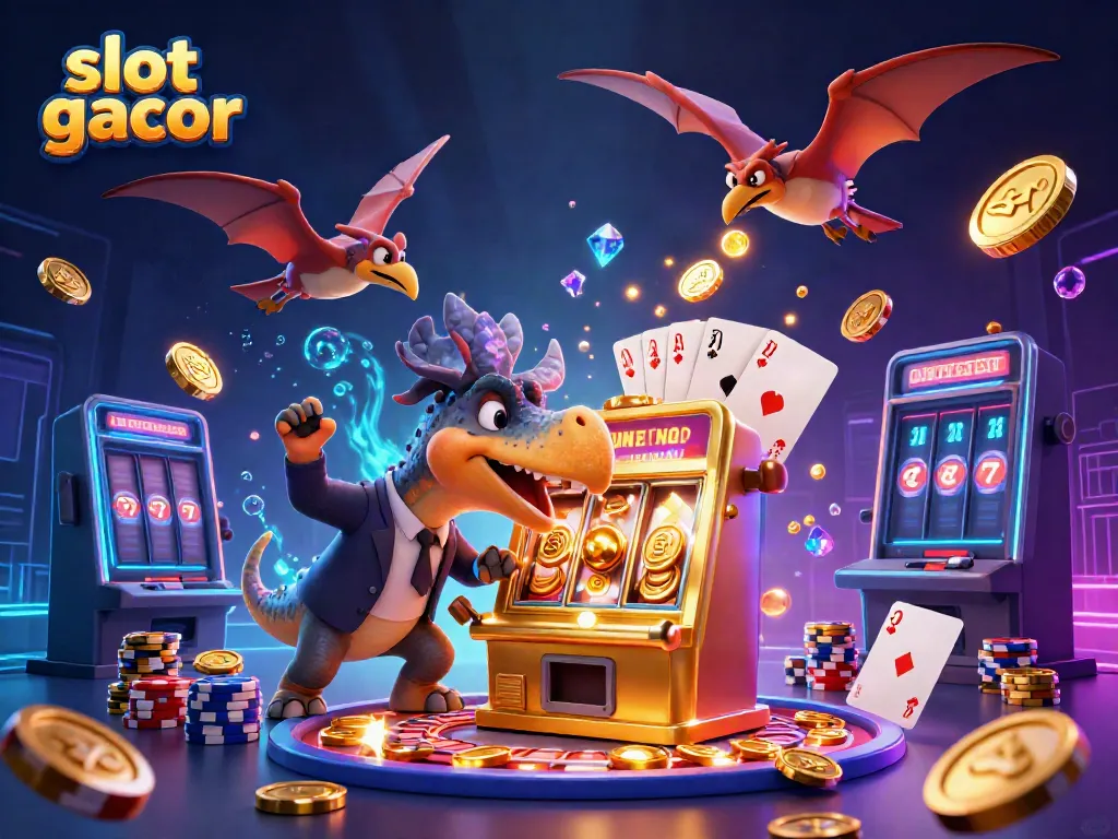 Momen seru dengan slot gacor saat dinosaurus beraksi, mengangkat koin jackpot dan efek kasino yang megah.