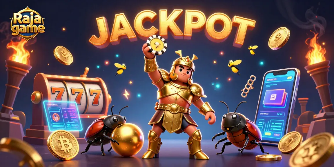Join the excitement of Raja game with a victorious beetle lifting a poker chip amid glowing casino elements.