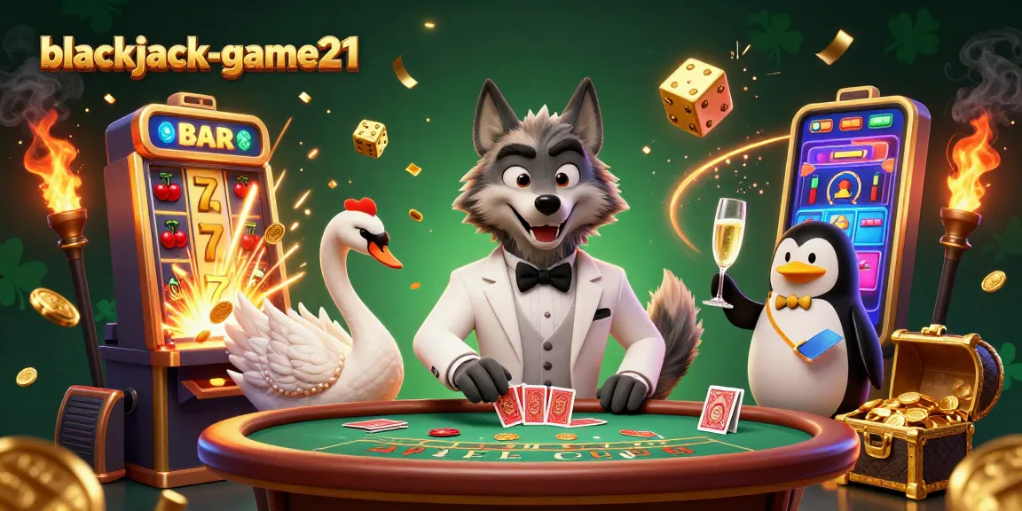 Experience excitement at blackjack-game21 with a debonair wolf and elegant characters amidst vibrant casino action.