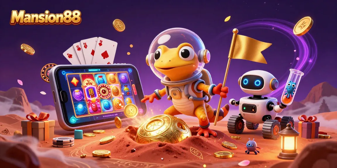 Mansion88 encourages players with vibrant 3D casino adventure showcasing slot games and golden treasures.