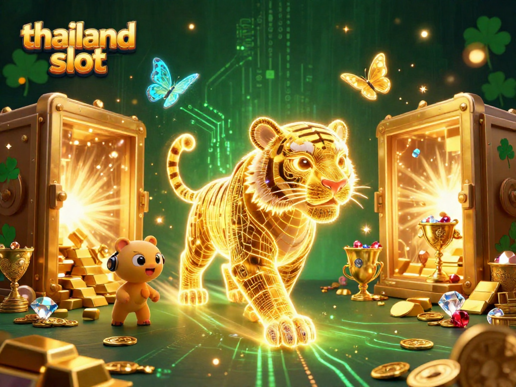 Engage with vibrant thailand slot action featuring a glowing tiger amidst treasures and holographic butterflies.