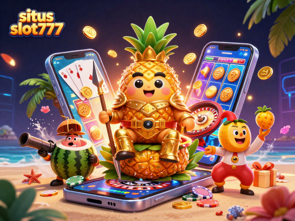 Engage with situs slot777 featuring a vibrant 3D casino scene with golden characters and dynamic game elements.