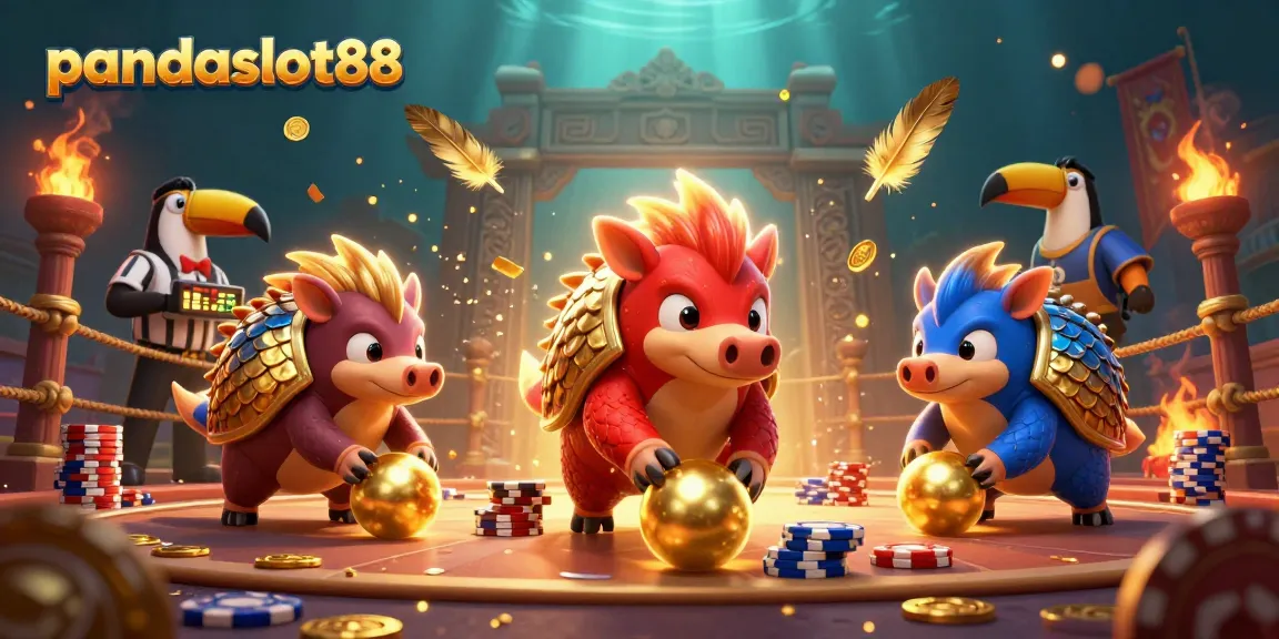 Menangkan hadiah di pandaslot88 dengan karakter pangolin yang bermain bola emas dan chip poker.