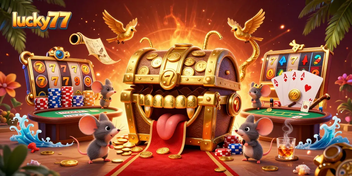 Experience thrilling gameplay at lucky77 with a dynamic scene showcasing thrilling slots and poker elements.