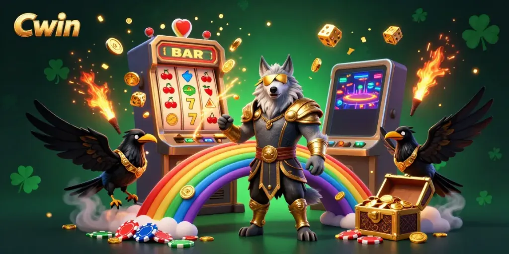 Experience thrilling gameplay in Cwin's vibrant digital casino with dynamic slot machine action and mythical characters.