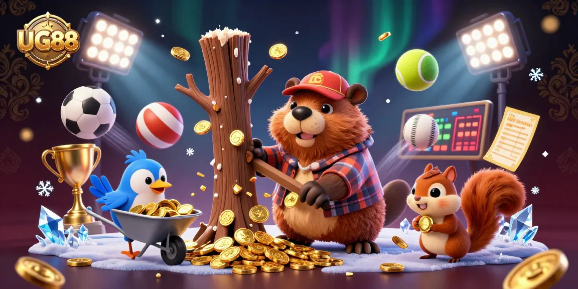 Engage with sports betting excitement at UG88 with dynamic golden coin rains and lively characters.