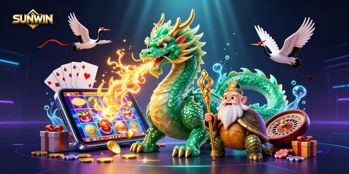 SUNWIN engages players with a stunning 3D illustration featuring a jade dragon and dynamic gaming elements.