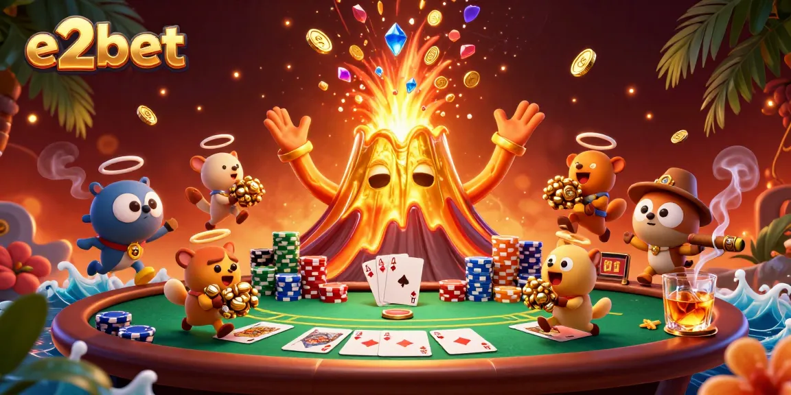 e2bet showcases a vibrant casino scene featuring a golden volcano and treasure-filled adventure.