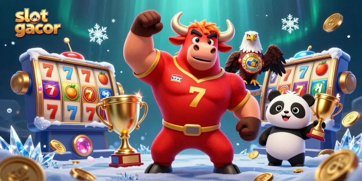 Experience the thrill of slot gacor with dynamic action featuring slot reels, golden trophies, and cheerful characters.