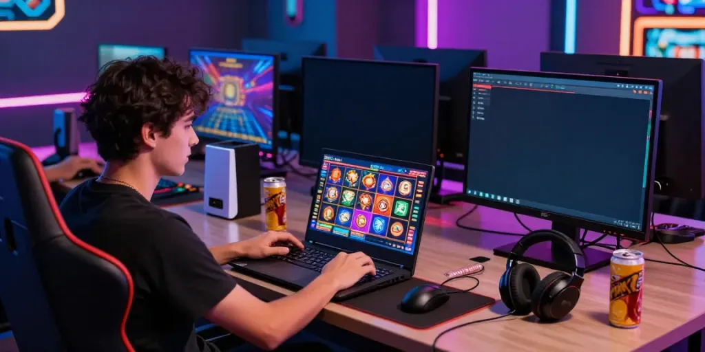 Player engaging with plustoto4d online slots in vibrant gaming setup.