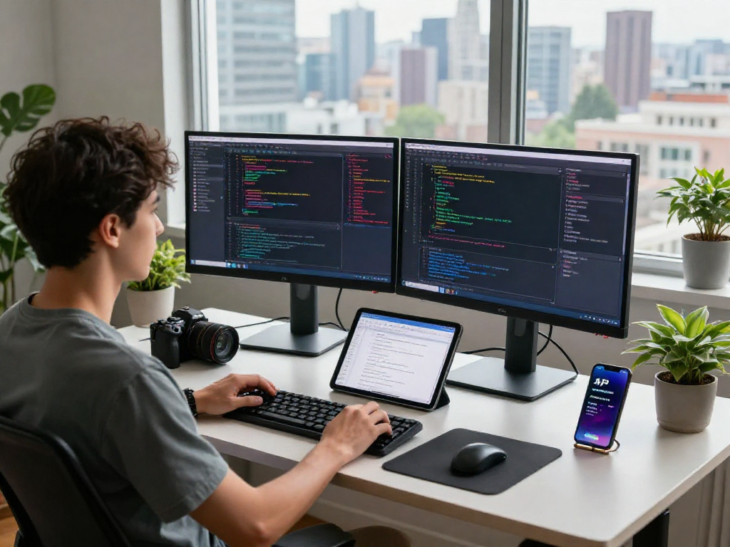 Developer coding on dual monitors in a modern workspace, showcasing the innovative nature of acrossprotocol technology.