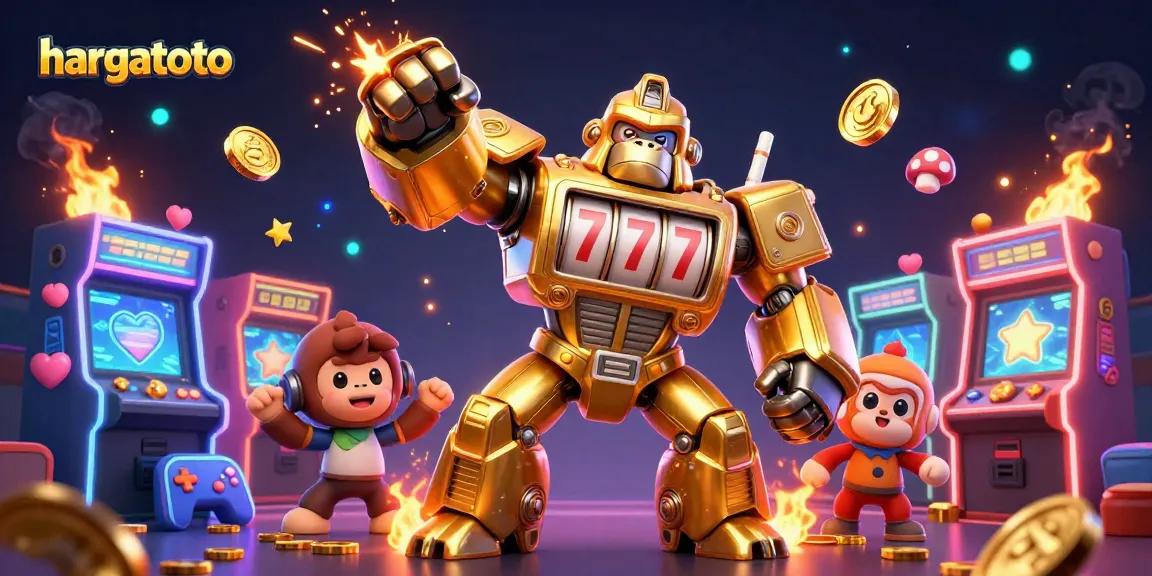 Engage in the thrill of hargatoto with colorful slot machines and a dynamic golden gorilla mech.