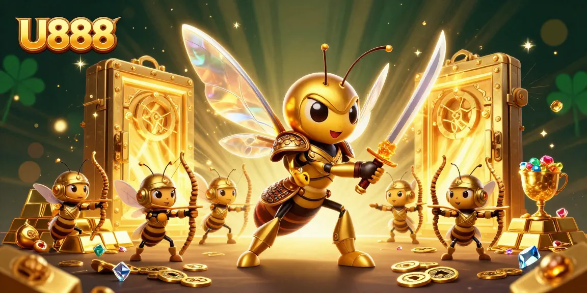 Experience the thrill of winning at U888 with a dynamic 3D cartoon casino scene filled with golden treasures.