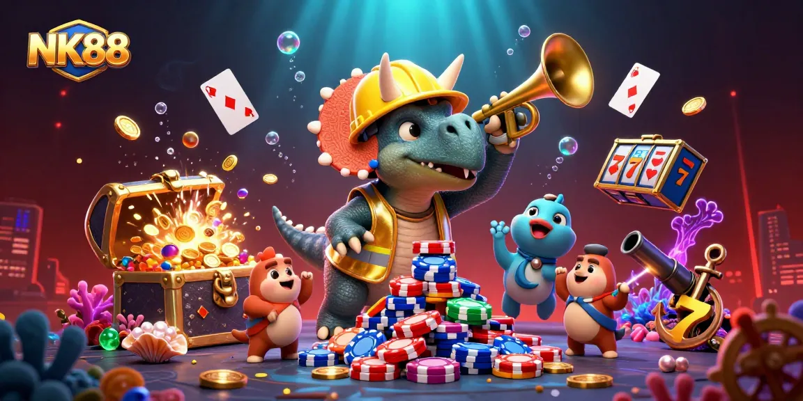 Celebrate big wins at NK88 with poker chips and exciting game elements in vibrant 3D.